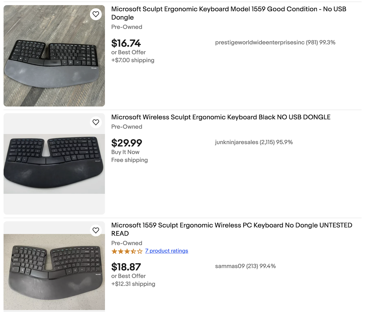 eBay Listings for keyboards missing dongle, ranging from $16-30 not including shipping