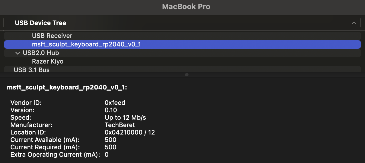 Mac OS System Info Panel Featuring the TechBeret RP2040 Sculpt Keyboard v0.1